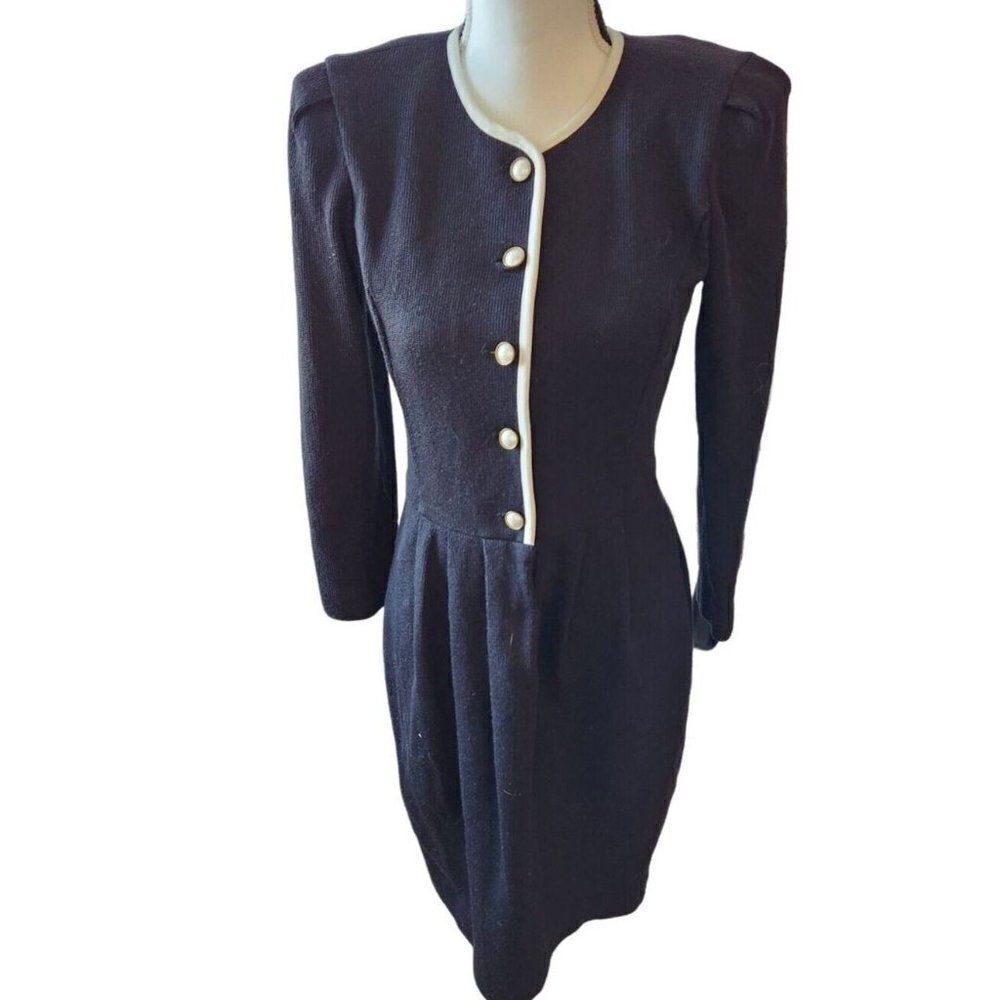 Vintage 70s 80s Leslie Fay Black Ribbed Knit Sheath Dress Pearl Buttons